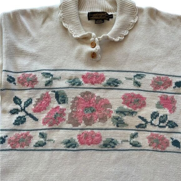Eddie Bauer Women’s Sweater Size Small Vintage Grannycore Cream Floral Cotton - Picture 6 of 11